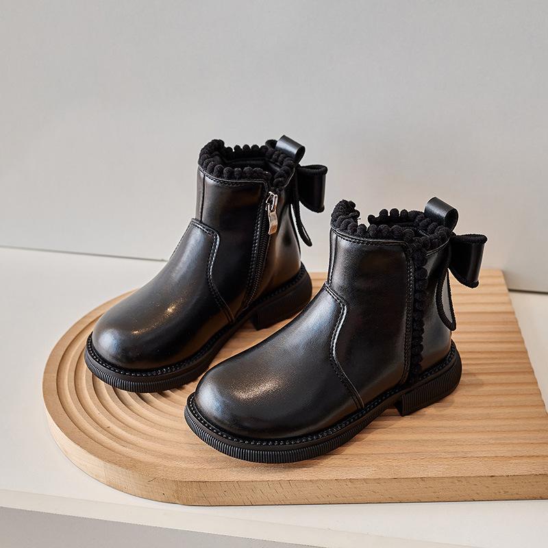 

Плюшевые детские ботинки осень-зима принцесса сапоги с бантом для девочек хлопковые сапоги модные короткие детские ботинки кожаные сапоги 27 чёрный