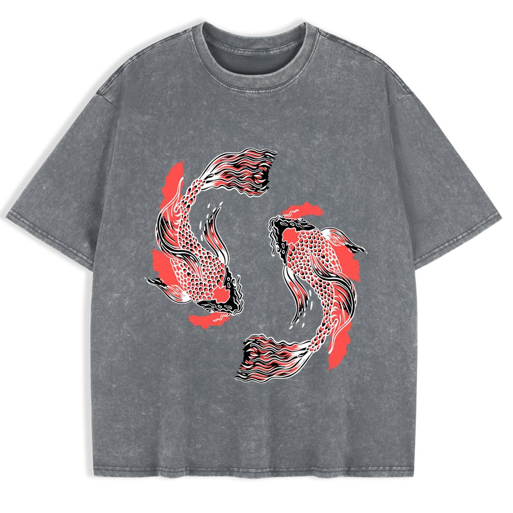 Japanese Koi Harajuku Prints Washed T-Shirts Mens Cotton Short Sleeve Tops Summer Oversize T Shirt Basic Male Clothes