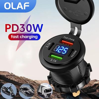 PD30W Digital Display Car Charger 4Ports Fast Charging QC3.0 USB Type C Mobile Phone Car Charger Adapter For Car Motorcycle RVs