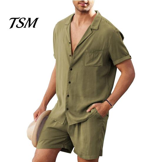 Men Shirt Set 2 Pcs/Set Summer Shorts Suit Solid Color Turn-down Collar Single-breasted Soft Tracksuit for Beach