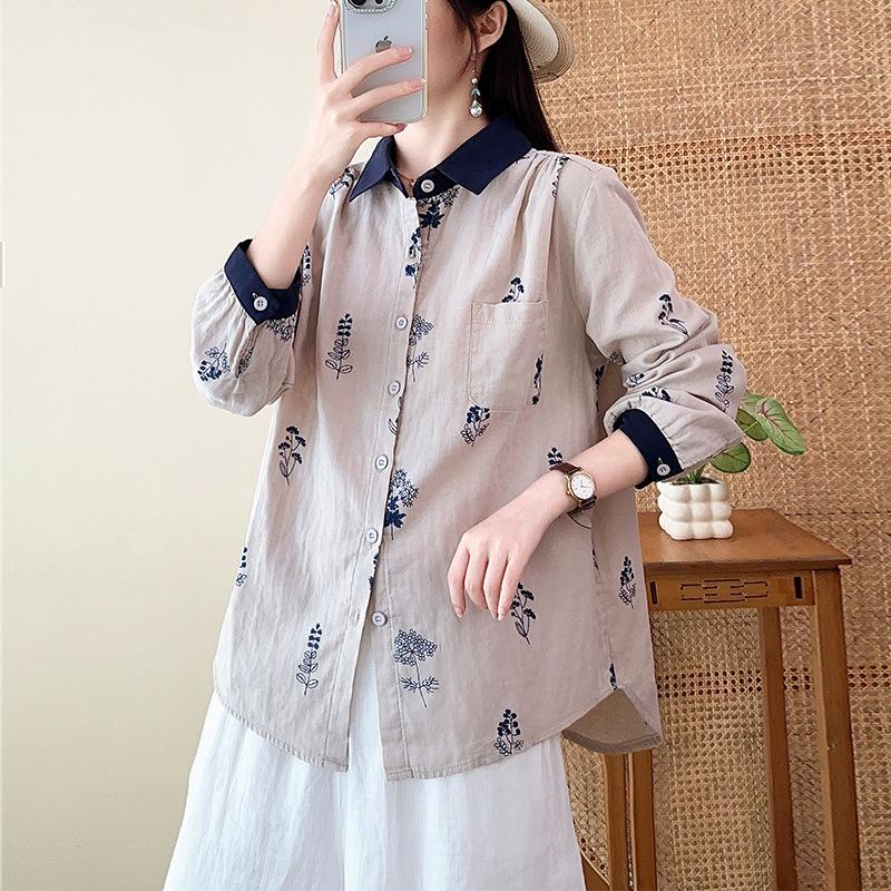 Dubbellaagse katoenen garen pure katoen revershemd, nieuwe Japanse casual stijl los en eenvoudig bloemenprint lange mouwen top voor dames