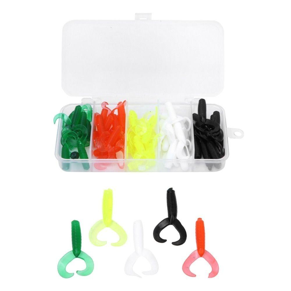 

50PCS Durable Double Tail Artificial Fishing Lures Silicone Grub Maggots Swimbait Lures Soft 5 Colors Fishing Lures Bass Fishing
