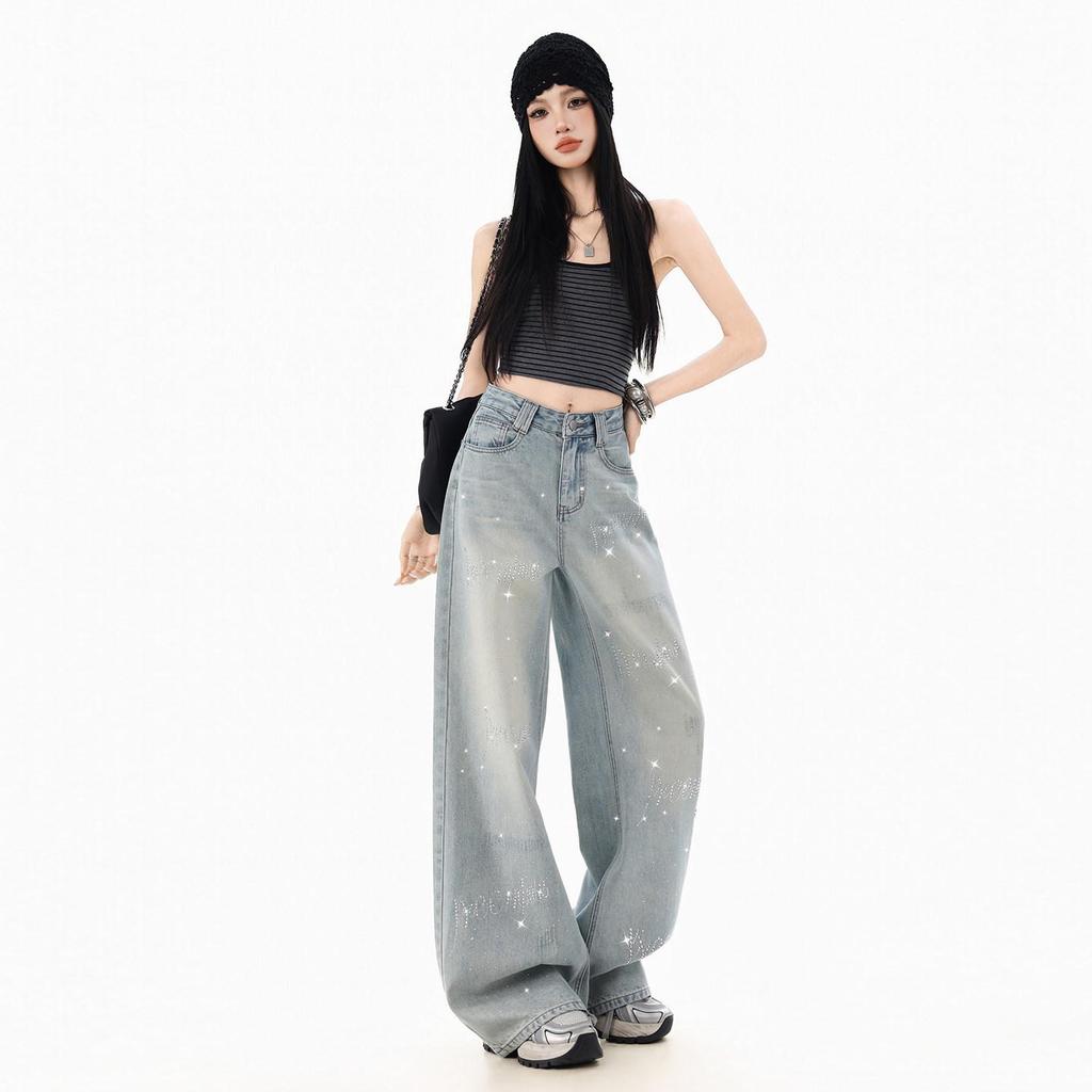 Women's Rhinestone Star Wide Leg Jeans - 2026 Spring/Autumn, Loose & Flattering Floor-Length Pants