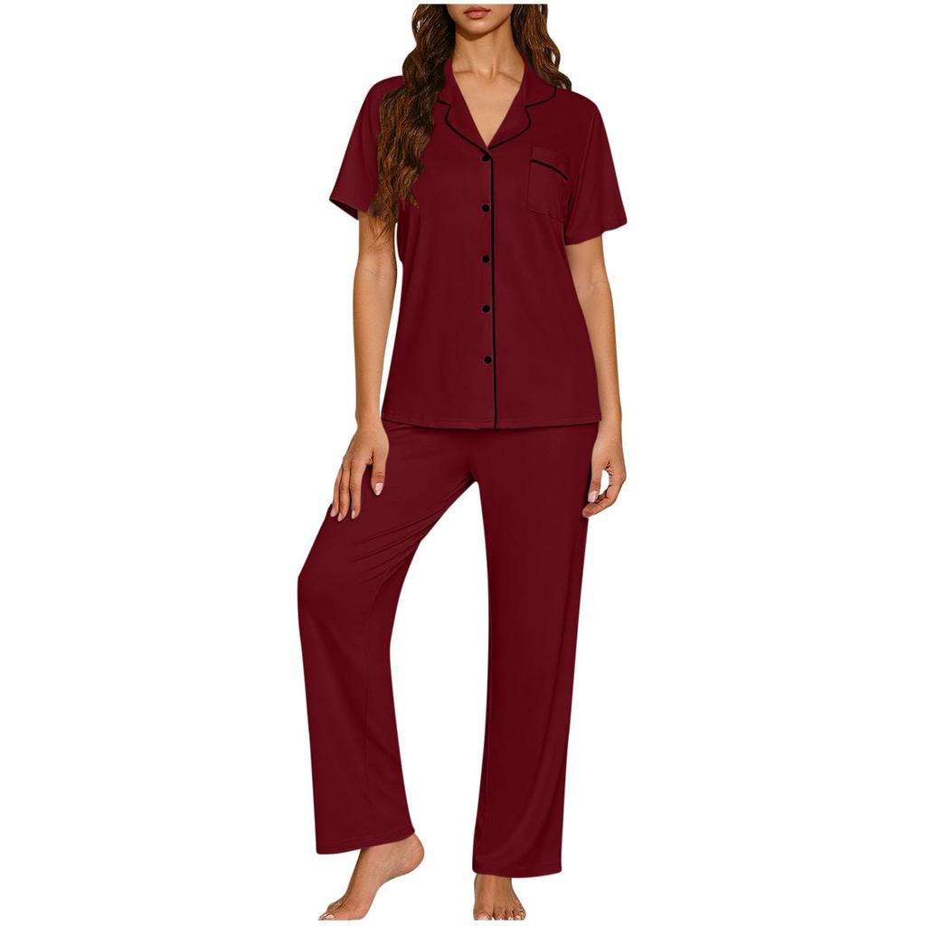 Women's Fashionable Loose-Fit Loungewear Short-Sleeve Cardigan Collared Pajama Set