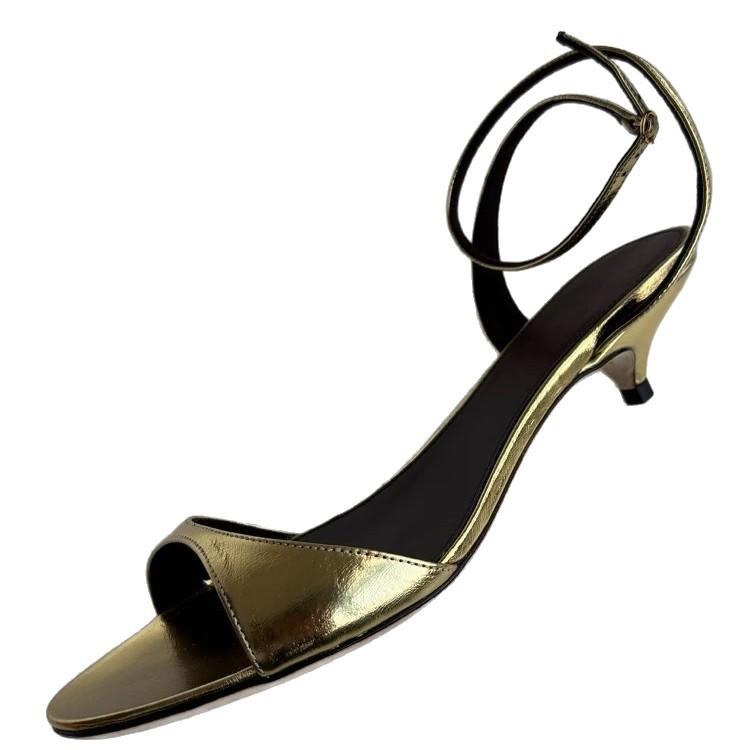 Cowhide Version~ French Kitten Heel Round Head Open Toe One-word Buckle with Sandals Women's 2025 Summer Temperament Stiletto Sandals