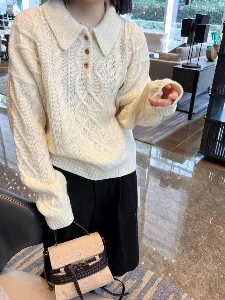 Women's Cozy Lapel Cable Knit Pure Wool Sweater – Loose Fit Autumn/Winter Pullover