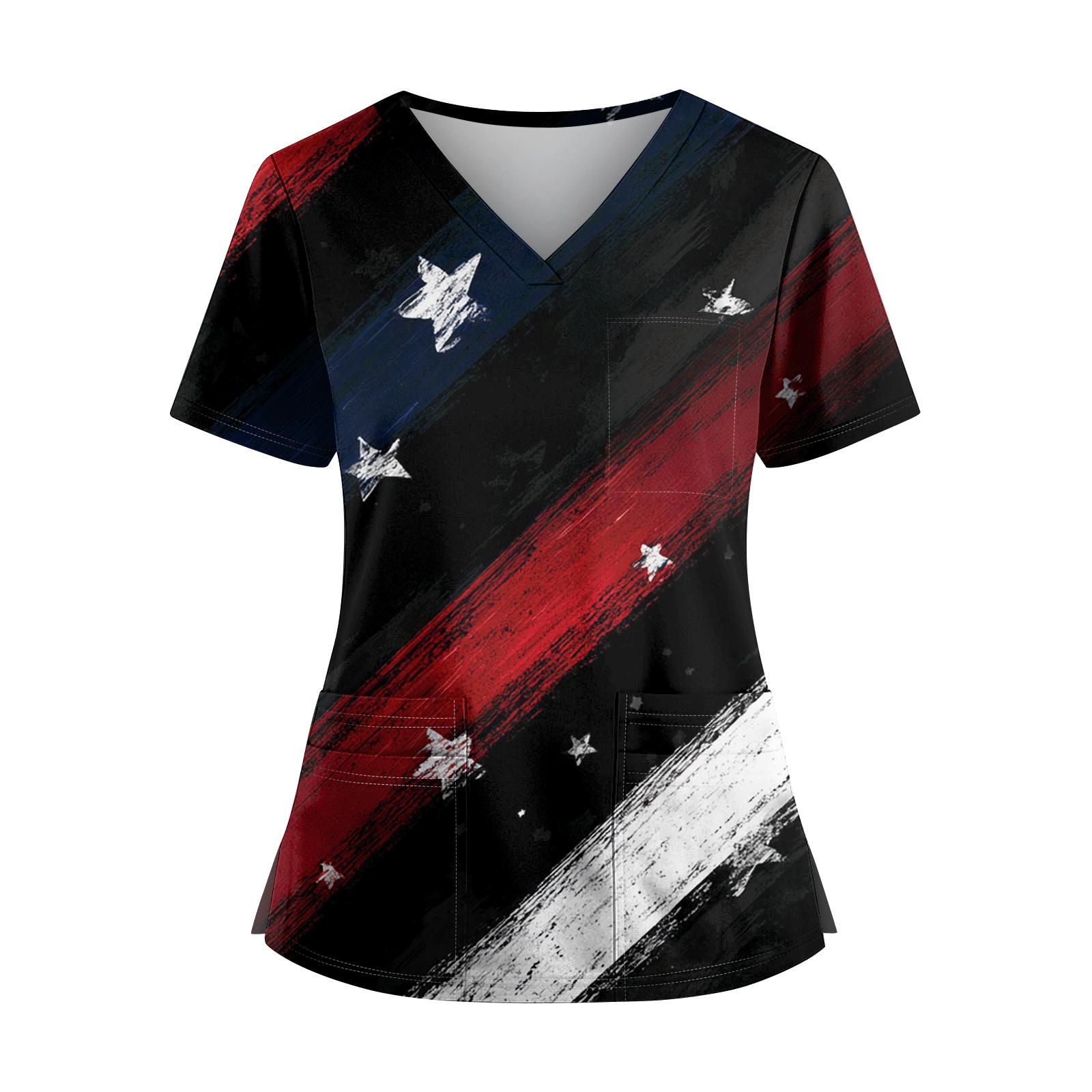 Women s Independence Day Print V-Neck Double Pocket Short Sleeve Uniform with Slit Hem - Caregiver Top L тёмно-синий