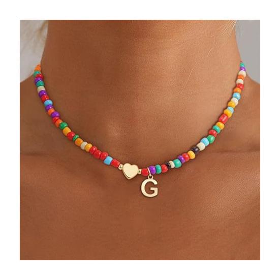Colier Guler cu Mărgele Femei Colier cu Mărgele Colorate Colier cu Pandantiv cu Inițială Guler cu Inițială în Formă de Inimă Cadou de Ziua de Naștere pentru Fete Soție Prietenă
