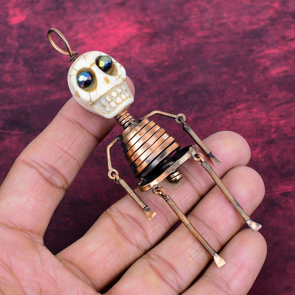Howlite Pendant Copper Wire Wrapped Jewelry Titanium Bead Eyes & Skull Bone Face Pendant
