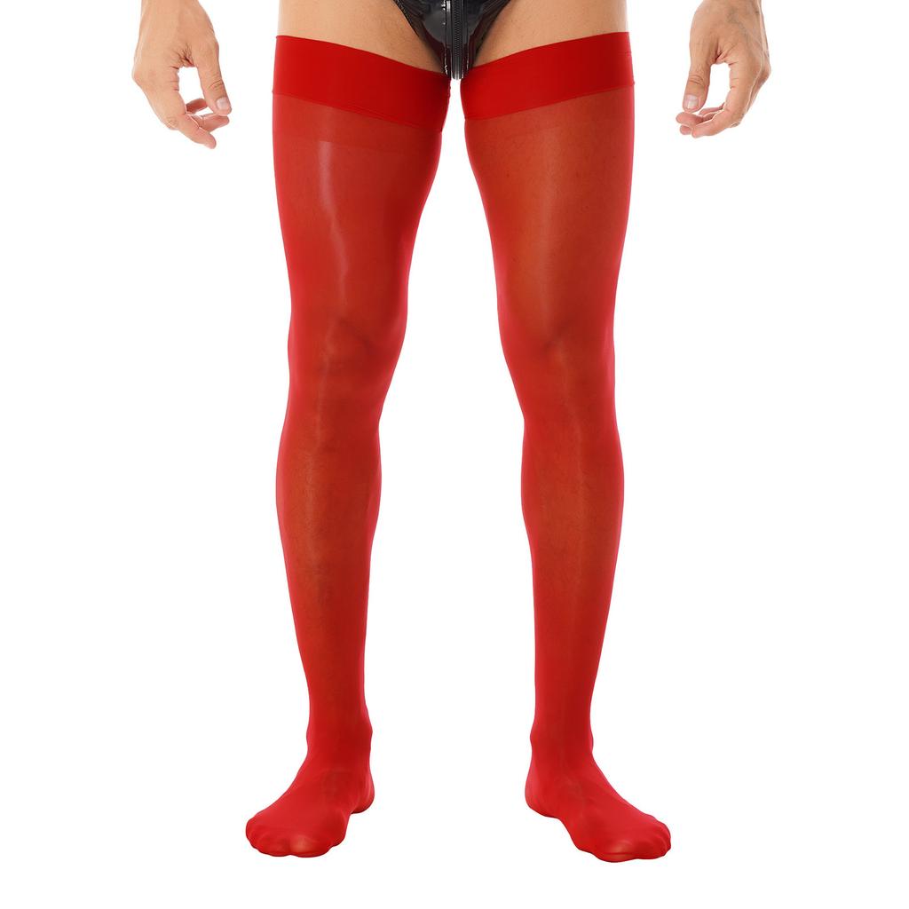 Mens Glossy See Through Stockings Thin Shiny Solid Color Stretchy Sheer Thigh High Socks