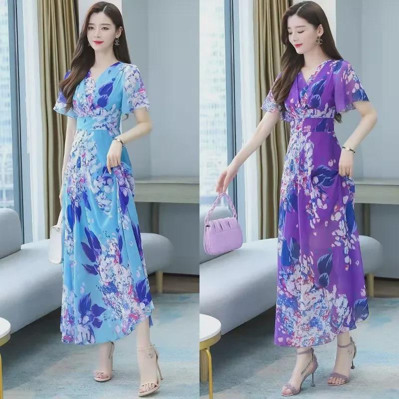 Summer Women's V-Neck Short-Sleeve Printed Dress - Sweet, Versatile, and Fashionable Korean Style