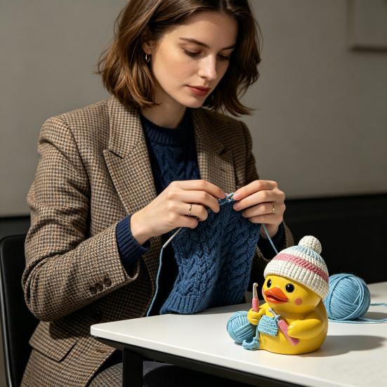 Funny Duck Figurine Small Resin Crocheting Duck Statue Collectible Tabletop Ornament for Desk Bookshelf Car Dashboard Decor