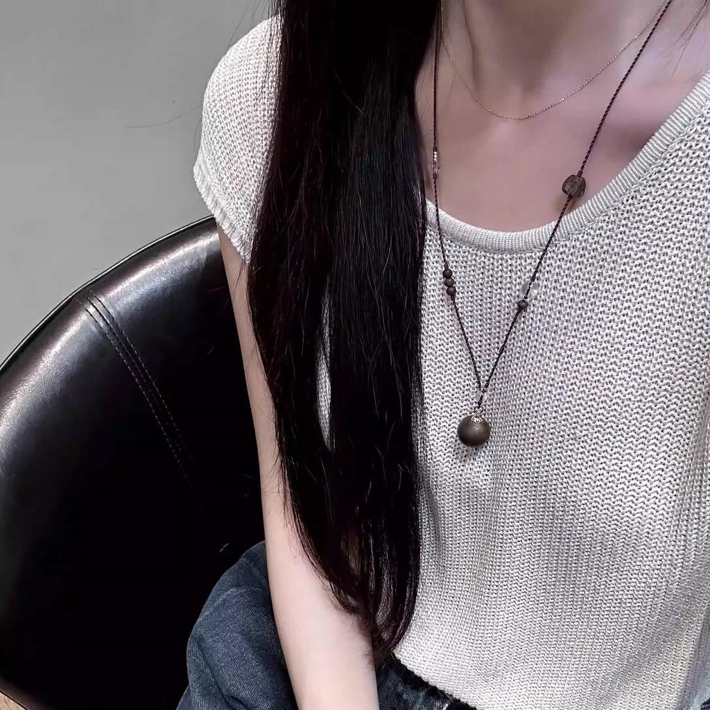 Original Natural Agarwood Large Bead Pendant with Braided Rope Sweater Chain, White Crystal Necklace, New Chinese Style Gift for Men and Women