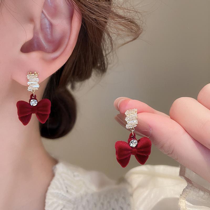 Retro Hong Kong Style Red Flocking Geometric Round Earrings Earrings Fashion Personality Temperament Earrings Women