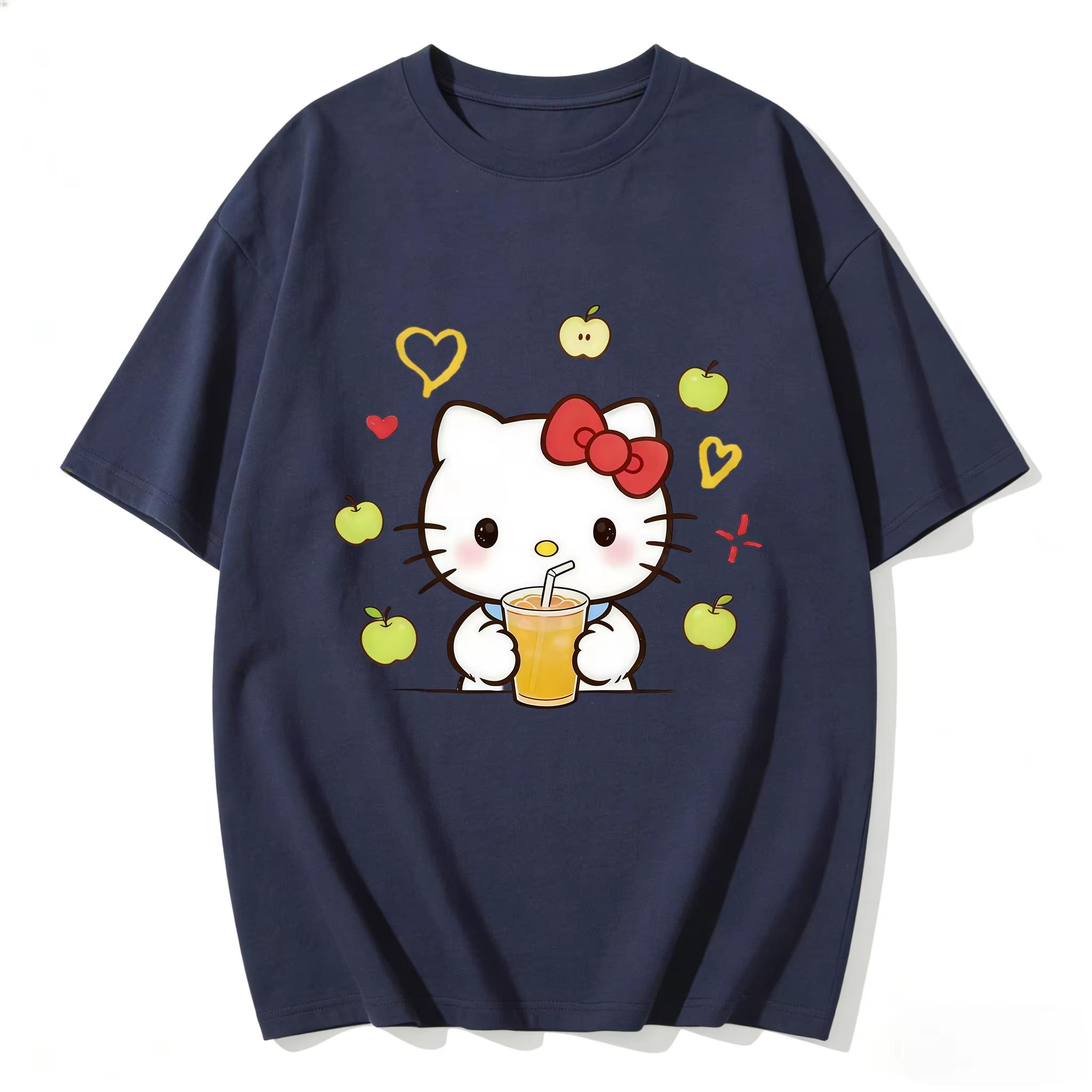 

2026 Summer Hello Kitty Cartoon Printed Short Sleeve Pure Comfortable summer Womens Tshirt loose and fashionable S