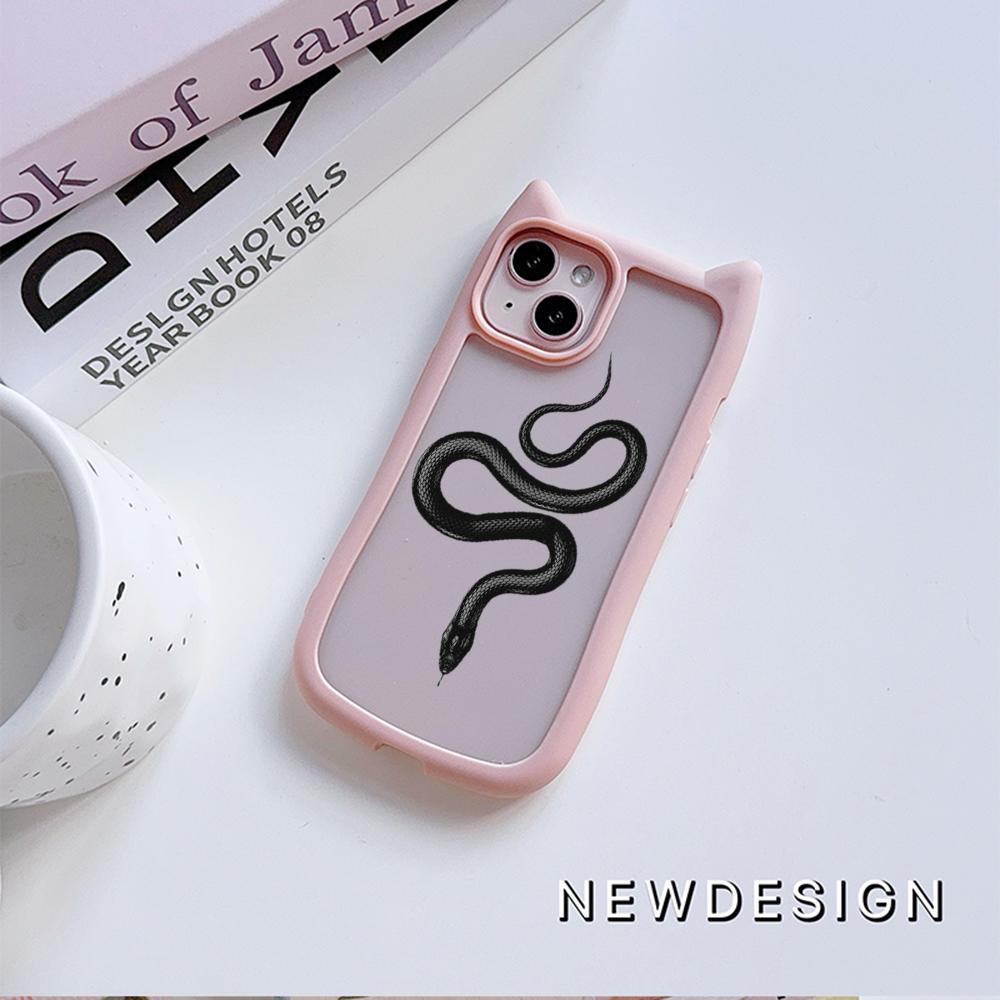 Cat Ear Soft Phone Case for iPhone 16 15 14 13 12 11 Pro Max Plus XR X TPU Anti-Drop Transparent Acrylic Back Cover NY25 Black Gold Snake design