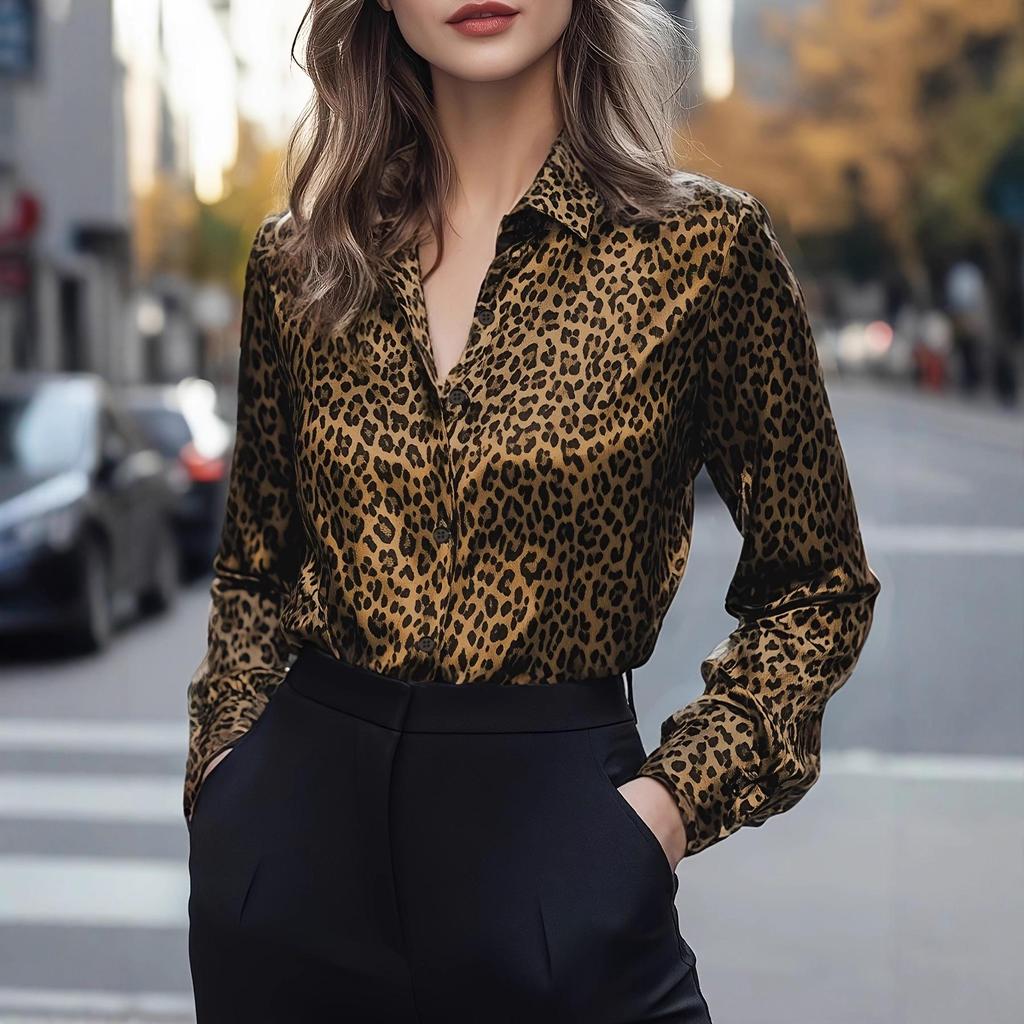 Europäisches & Amerikanisches Damen Frühjahr 2026 Leomuster Seiden Slim-Fit Langarmhemd