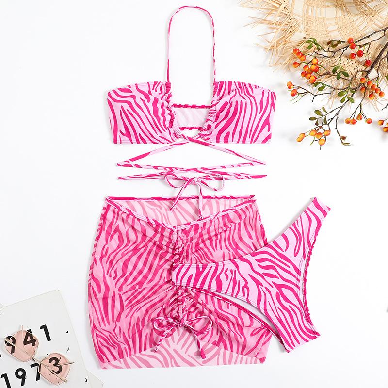 

Сексуальный комплект бикини женский купальник полоски зебры три предмета халтер шнуровка модный плиссированный женский купальник для купания пляжная одежда L розовый