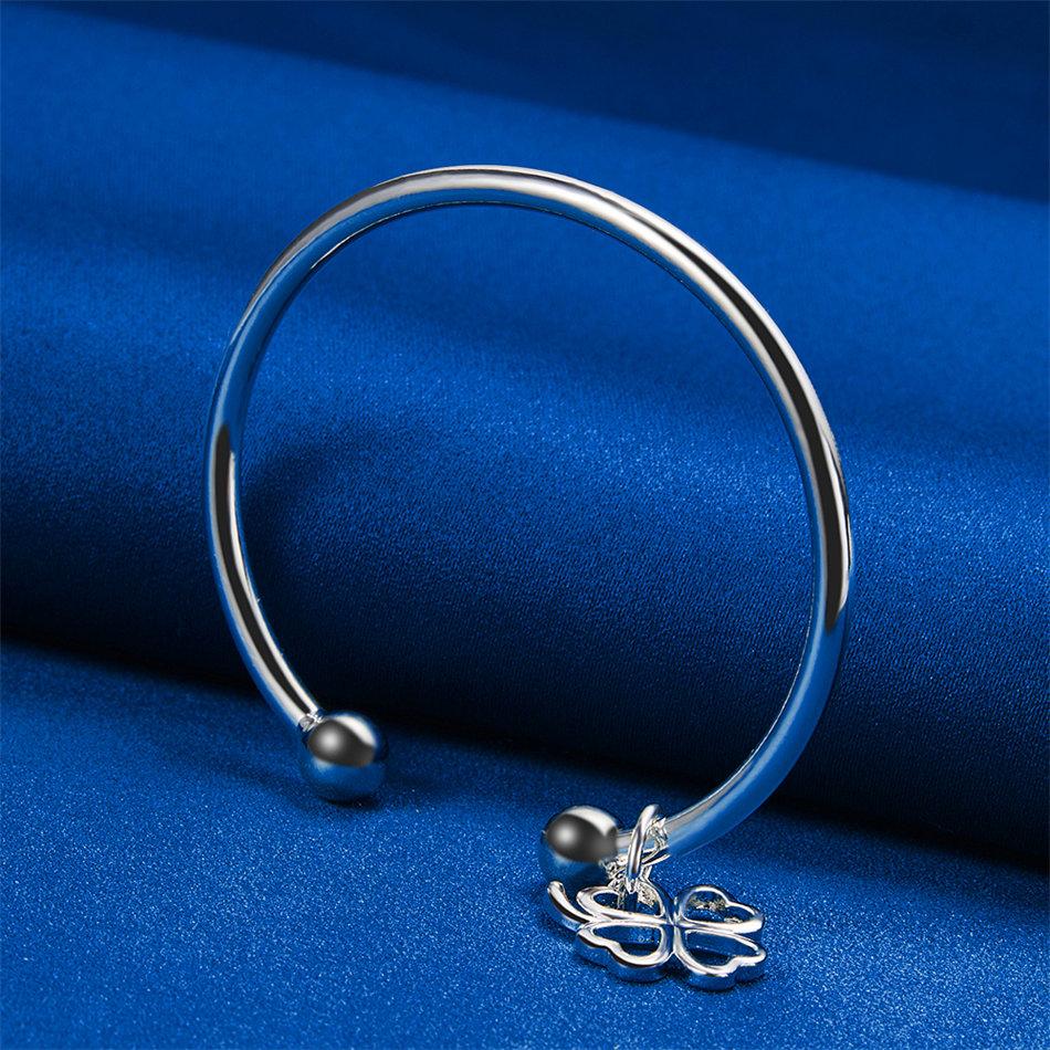 Elegant 925 Sterling Silver Delicate Four-Leaf Clover Open Bangle for Women, Fashionable Wedding Party Accessories