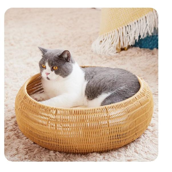 PP Rattan Circular Cat Cage Pet Bed Warm Autumn Winter Pad Cat Beds Removable Washable Doghouse Hammock for Cats Villa Nest