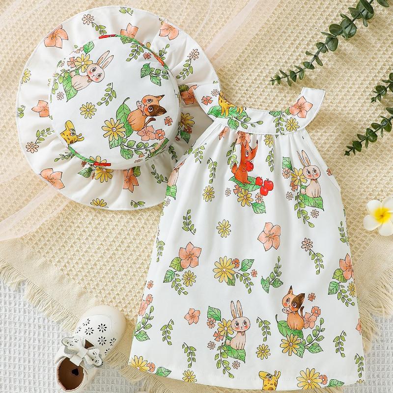 Mädchen Urlaubsstrandkleid Sommer Kinder Blumenmuster Ärmellos Rundhalskleid mit Knopfleiste hinten Visor