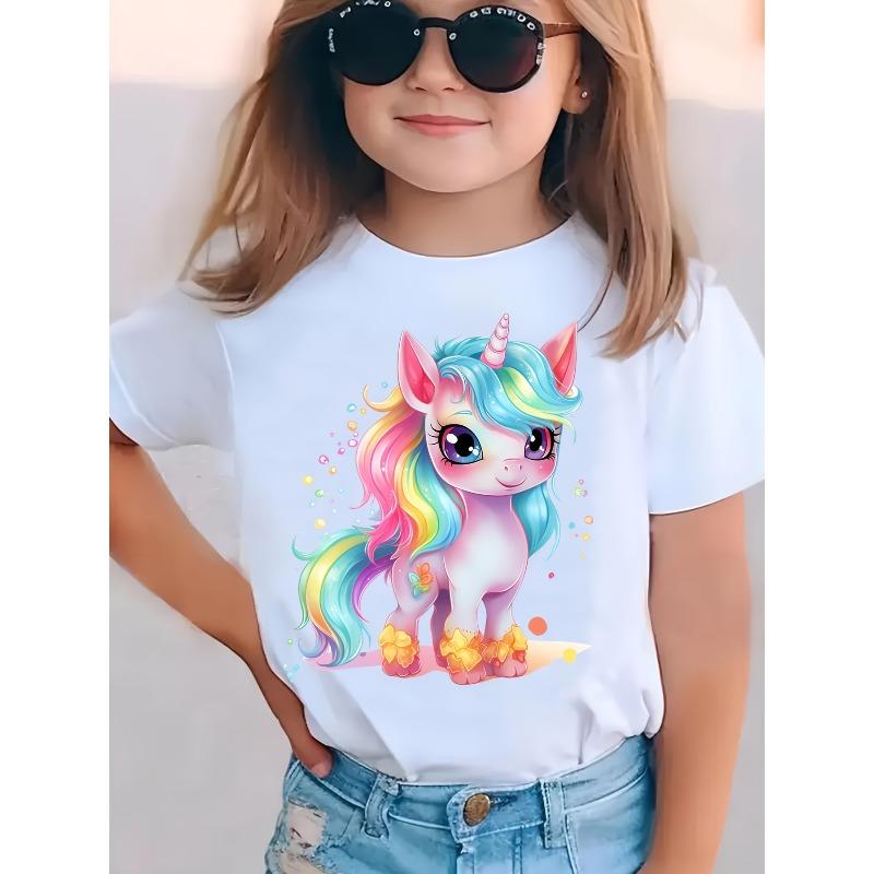 

Европейские размеры Летняя Мода Девочки Футболка с коротким рукавом с Милым Мультяшным Принтом Единорога Повседневная 98cm белый