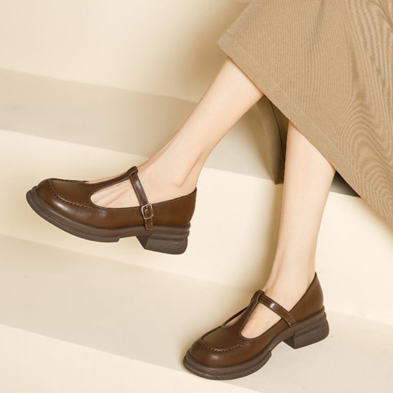 Zapatos Casuales de Cuero de Boca Baja y Tacón Medio con Suela Gruesa para Mujer