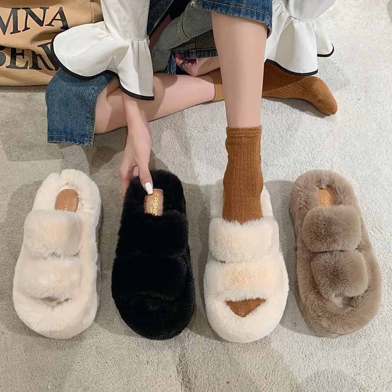 Thick bottom heightening one-word fluffy slippers women's outer wear ins home explosion non-slip versatile autumn and winter cotton slippers