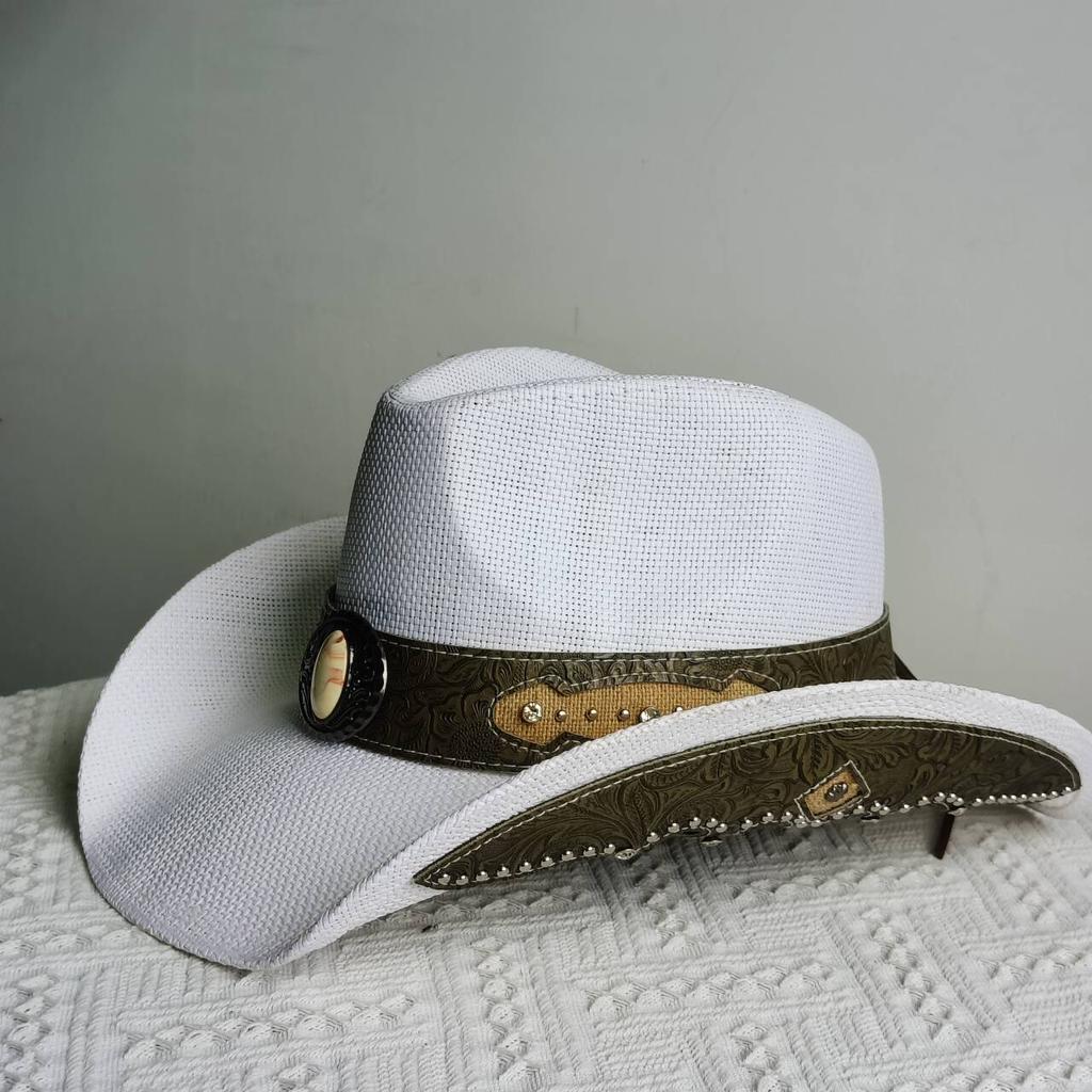 Melesh Western Cowboy Hat Summer Women's Straw Cowboy Hat Pearl Accessories Wide Brim Sun Protection Beach Western Cowboy Hat