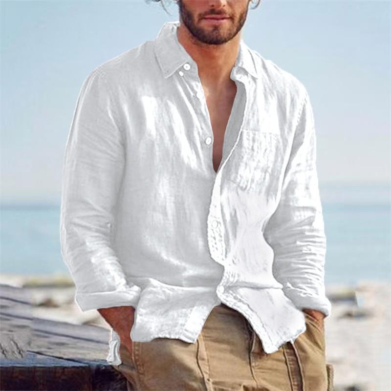 Men Casual Linen Blend Shirt Long Sleeve Button Down Solid Color Lightweight Beach Shirt With Chest Pocket S белый