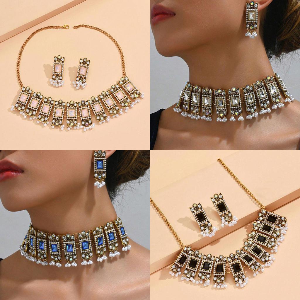 European Style Alloy Gemstone Necklace And Earrings Set With Artificial Pearl Dangles For Women