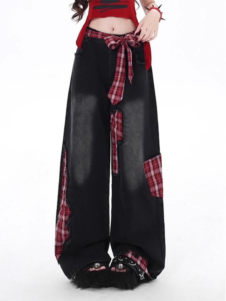 Red Plaid Patchwork High Waist Wide Leg Jeans - Women's Loose Straight-Leg Floor-Length Pants 2025