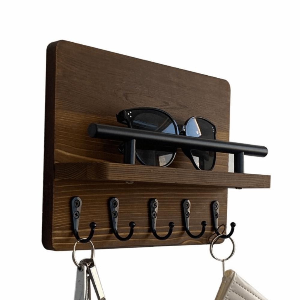 Retro Wooden Key Holder Floating Shelf Wall Mounted Coat Hook Decorative Hook with 5 Hooks Clothes Storage Rack Home Decor