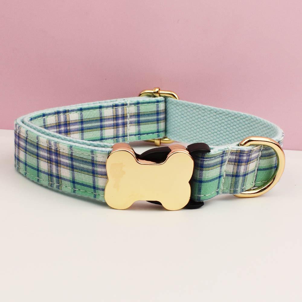 Pet Dog Collar With Grid Print Design And Bone Decor For Gift And Holiday
