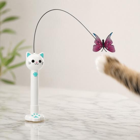 2-in-1 Interactief Katten Speeltje, Kattenhengel Speeltje met Stoffen Vlinder Teaser Zuignap Basis, Oplaadbaar Rood Licht Katten Speeltje voor Binnenkat Zelf