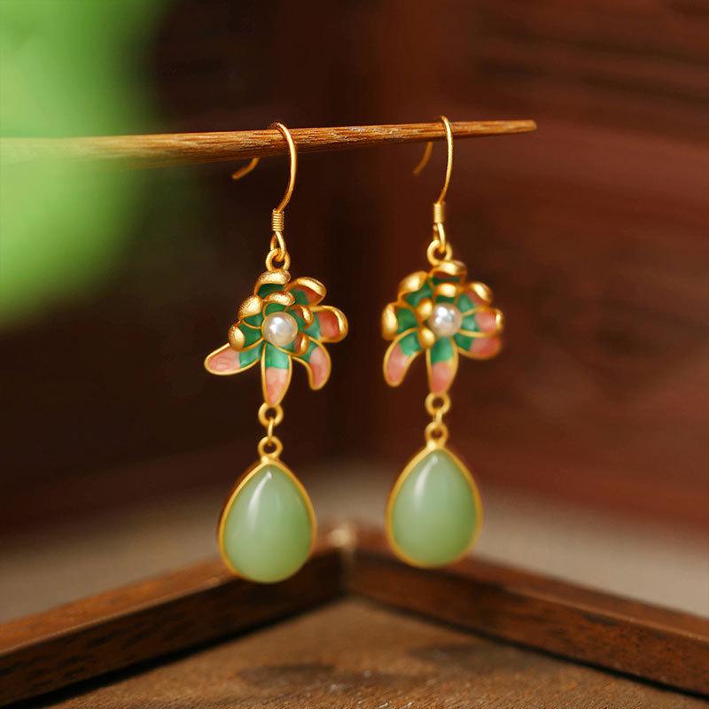 Эмалевые и позолоченные серьги-капли с орхидеями – Стиль Ханьфу Ципао для женщин Electroplated Gold