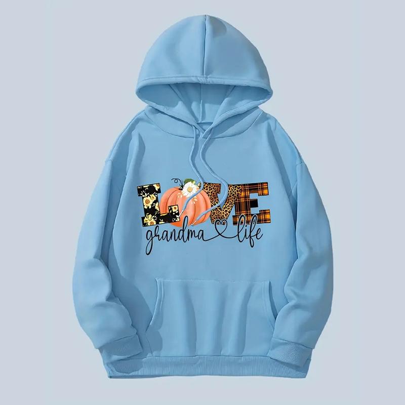 Ladies Spring Autumn Casual Hooded Long Sleeve Big Pocket Halloween LOVE Pumpkin Printed Pullover Hoodies Sweatshirt Top