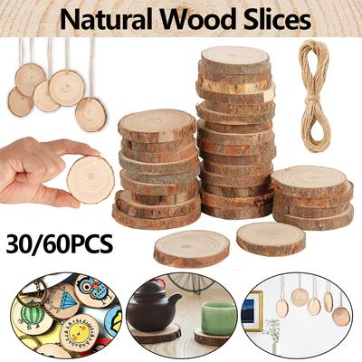 30/60Pcs Natural Wood Slices DIY Wood Christmas Ornaments 3-4cm Round Unfinished Rustic Wood Pieces Decoration for Wedding Party