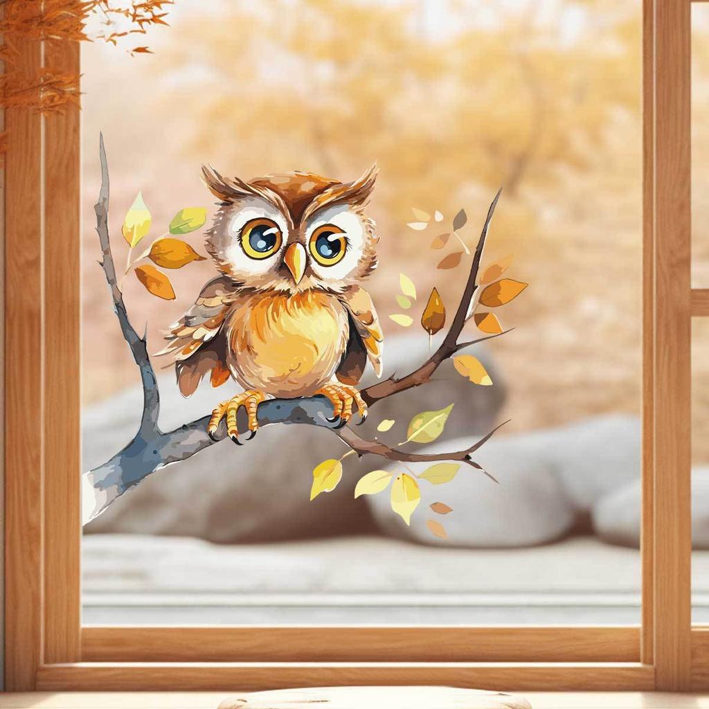 Cute Cartoon Owl On Branch Window Stickers, Double-Sided Visible Glass Door Decals for Home Decoration