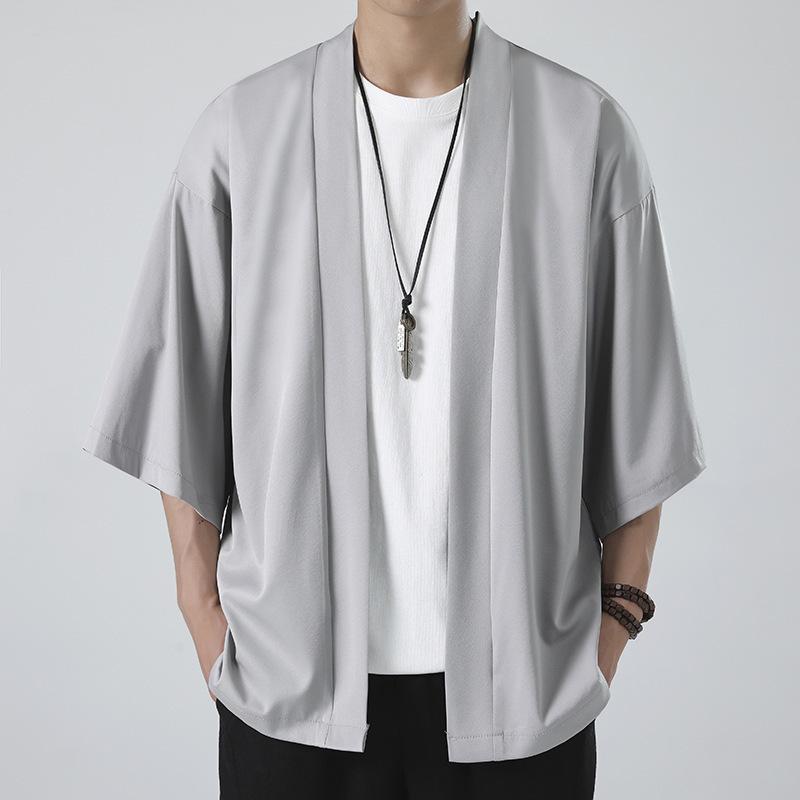 2023 Men's Casual Chinese Style Ice Silk Cardigan - Solid Color, Loose Fit, Three-Quarter Sleeves