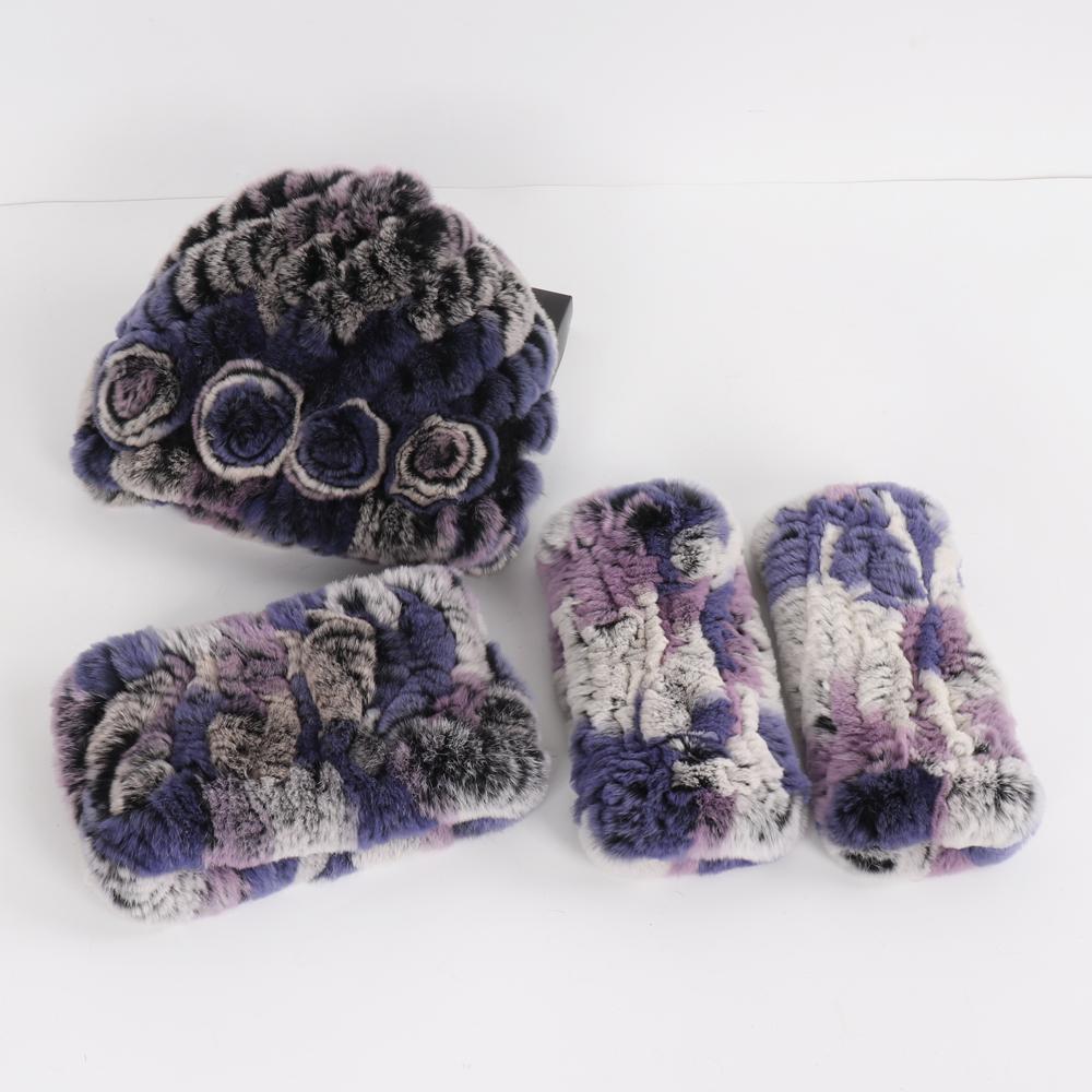 New Winter 3 Pieces Knitted Real Rex Rabbit Fur Hat Scarf Gloves Sets Women Natural Rex Rabbit Fur Warm Cap Scarves Mittens