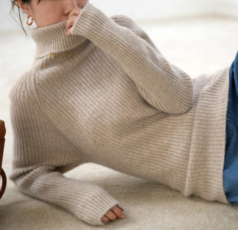 Women's High-Neck Striped Wool Sweater – Thick, Soft, Versatile Knit for Autumn/Winter