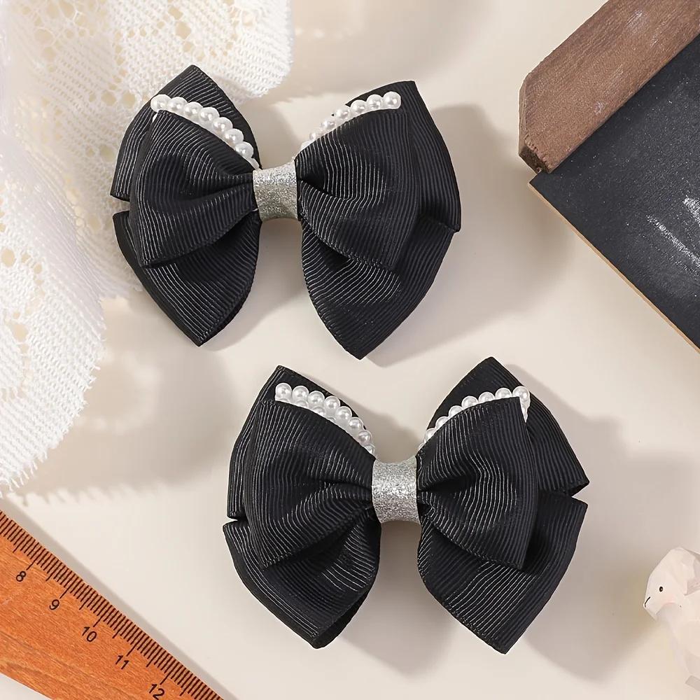 RAINBOW BOWS 2Pcs Retro Wine Red Bowknot Pearl Boutique Hair Clips Girls Ribbon Delicate Barrette Palace Princess Style Headwear