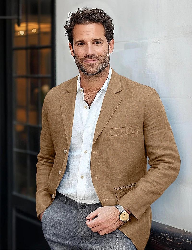 

Мужской повседневный костюмный пиджак из хлопка и льна на 2025 год - Весна/Осень Однотонный M кофейный