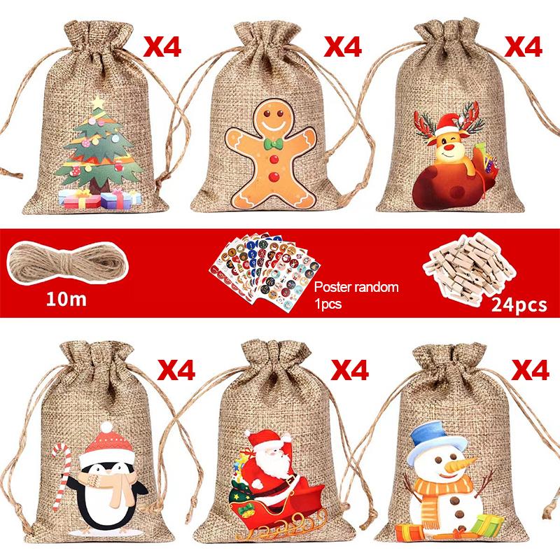 2026 Christmas Advent Calendar Small Christmas Gift Bags Tiny Christmas Burlap Candy Bag Holiday New Year Party Favors Supplies