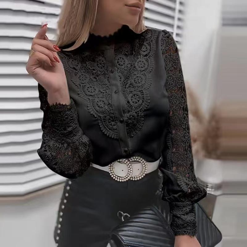 Women's Lace Blouse Long Bell Sleeve High Neck Hollow Out Romantic Shirt Top