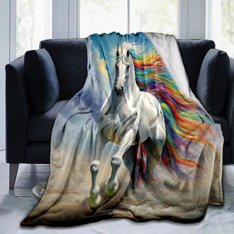 1pc White Horse Printing Lightweight Flannel Blanket, Comfortable and Warm Blanket, for Camping Sofa Bed and Couch Office, Gift