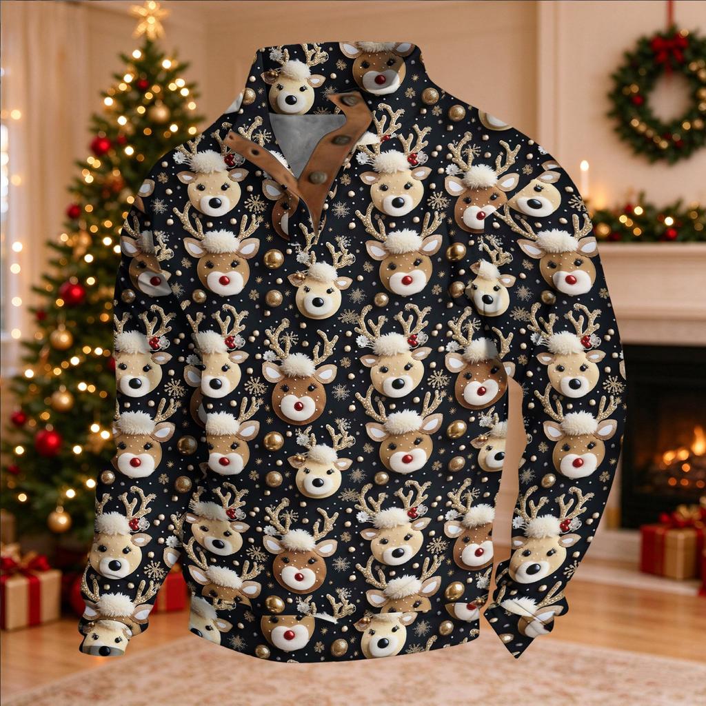 Herren Weihnachts-Print Langarm Knopfleiste Sweatshirt Top für Feiertagsparty und Freizeitkleidung