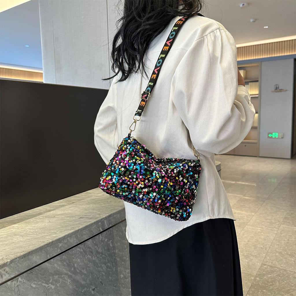 Yogodlns Luxury Women Sequins Wide Strap Shoulder Bag Fashion Shine Casual Crossbody  Bag Female Hip Hop Belt Bags Trend