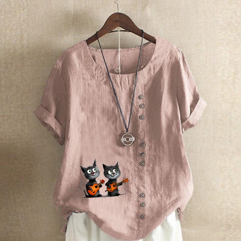 Women's Fashion Music Cat Prined Short Sleeve T-shirt Loose Cotton Shirt Casual Loose Summer Blouse Tops Plus Size